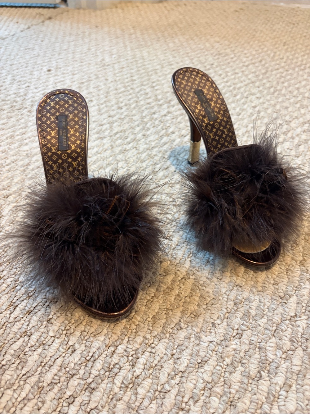 Louis Vuitton Brown Pom-Pom Monogram Slide Heels